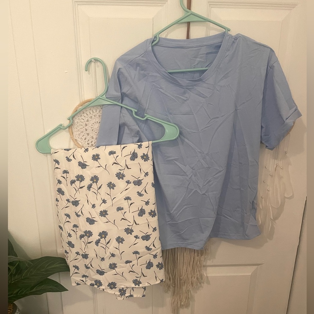 SHEIN BLUE SHIRT AND WHITE FLORAL SKIRT SET
